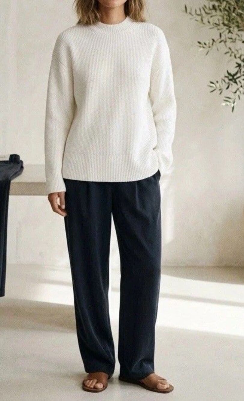 Vince Ivory Rib-Knit Crewneck Raglan Long Sleeve Pullover Sweater Size S
